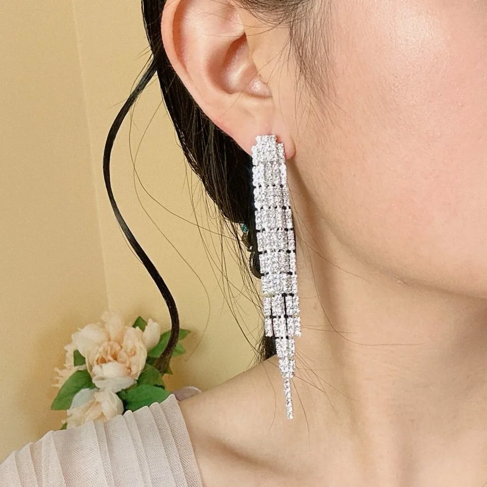 Silver Tone Rhinestone Fringe Double layer Earring - Picture 5 of 8